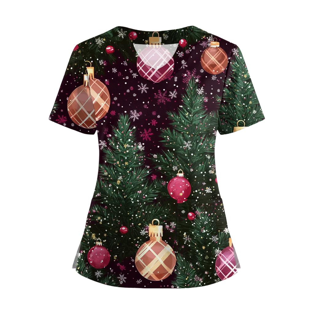 Women's Short Sleeved Christmas Printed V-neck Buttonable Side Slit Top T-shirt