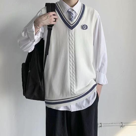 College Style Sleeveless V Neck Sweater Vest Autumn Winter Patchwork Color Twist Men Knitted Vest Daily Clothing