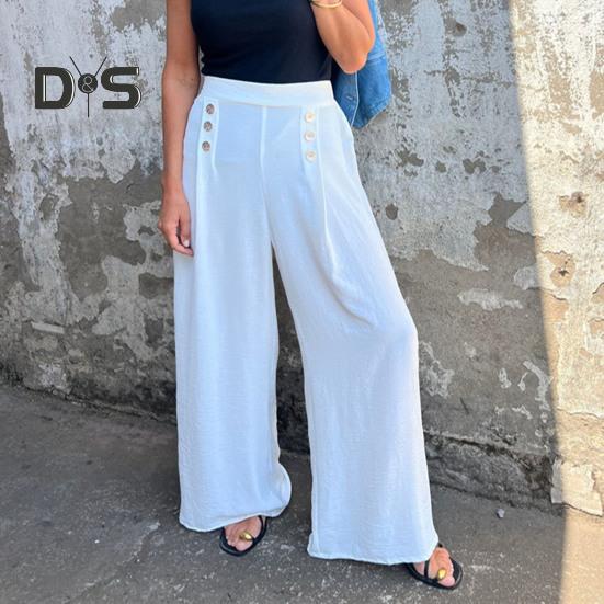 Women's Wide-Leg Pants High Waist Button Decorated Pants Casual Loose Fit Trousers for Daily Wear Travel Office