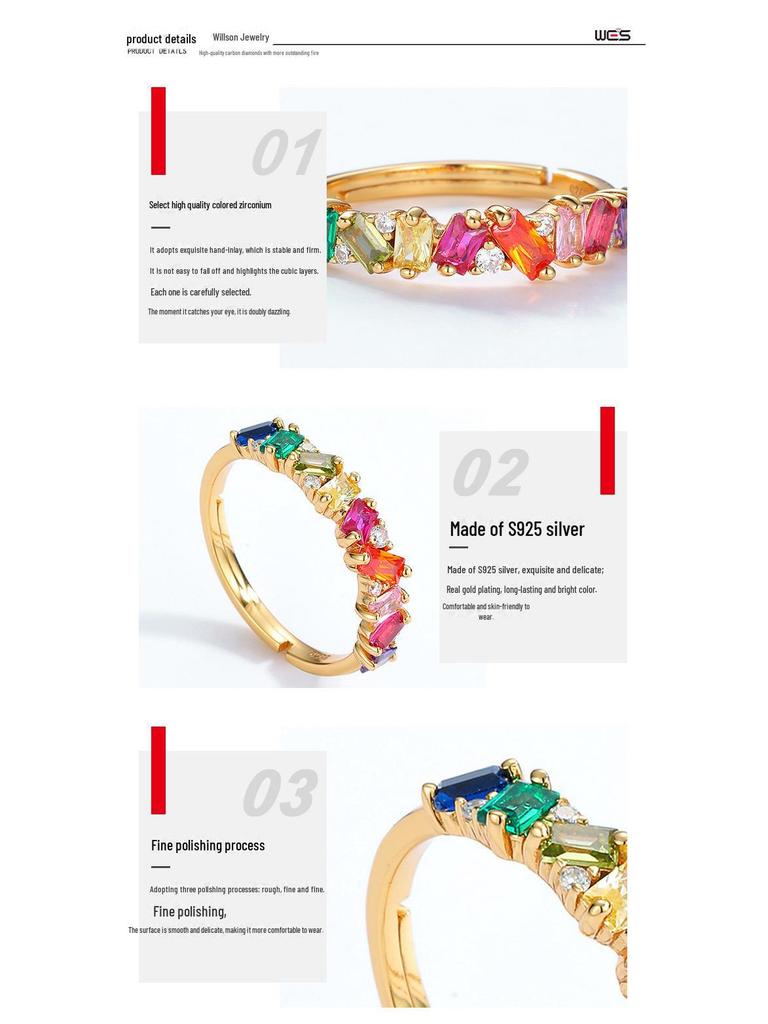 Summer Sale: Luxury S925 Silver Plated 10K Gold Rainbow Zircon Ring – Simple European & American Style for Index Finger.