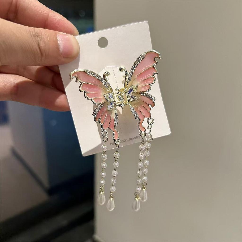 Korean Style Rhinestone Butterfly Pearl Tassel Hair Clip