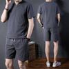 Męski Zestaw Dwuczęściowy na Wiosnę i Lato Rozmiar Plus Okrągły Dekolt Krótki Rękaw Sweter + Luźne Spodenki Sportowy Komfort