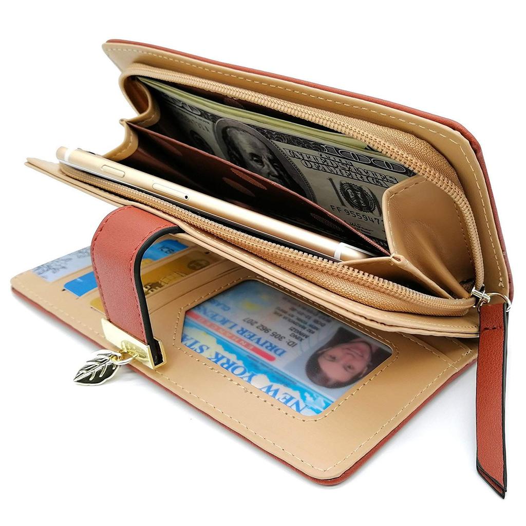 Women's Rose Gold Vegan Leather Leaf Bi-fold Card Coin Holder Long Wallet