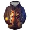 Tiger 3D Print Zip-Up Hoodie Youth Casual Loose Fit Winter Sweatshirt