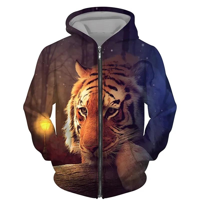 Tiger 3D Print Zip-Up Hoodie Youth Casual Loose Fit Winter Sweatshirt