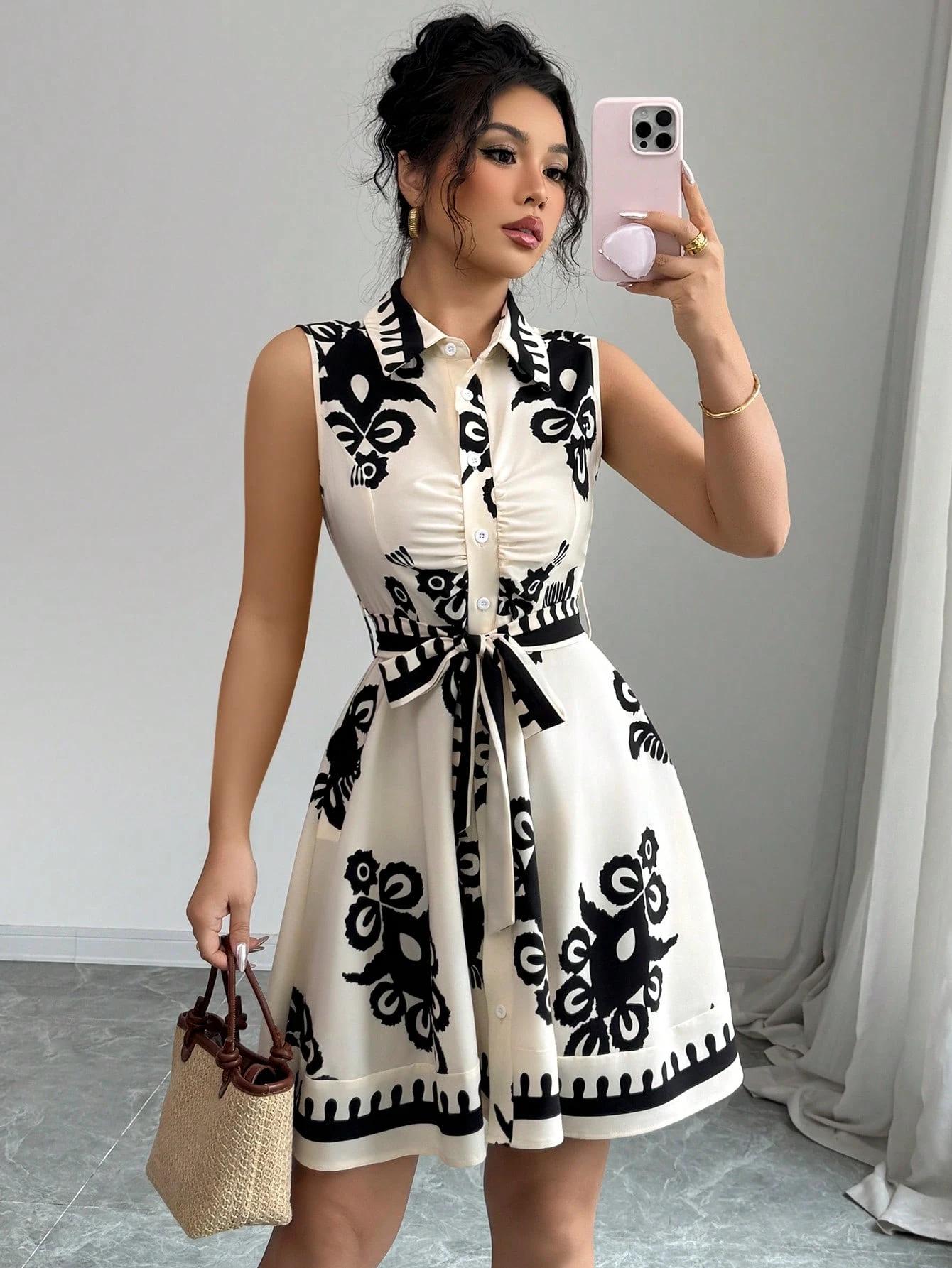 

2025 Spring/Summer Sleeveless Women s European & American Print Shirt Collar Dress M чёрный