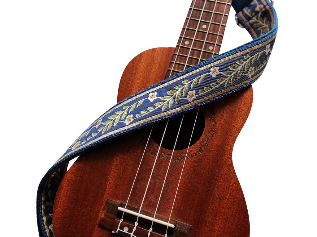 Original Vintage Blauer Weicher Netzgürtel Echtes Leder Ukulele Ukulele Schultergurt Inklusive 1 Marken-Gurtverschluss [MUSIC FIRST] Design, "Jasmine" &