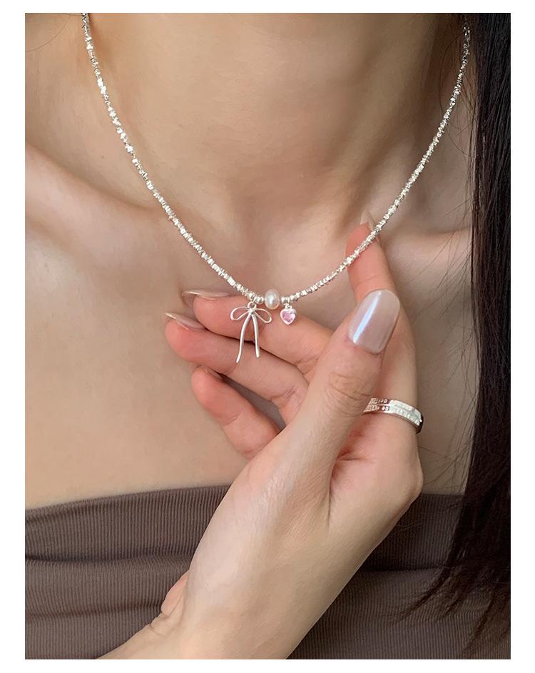 S925 Sterling Silver Pink Heart Bow Pearl Bracelet for Women