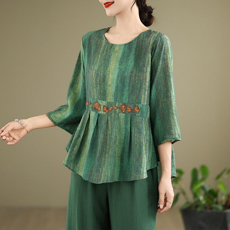 

2025 New Style: Embroidered Top and Wide-Leg Pants Set for Middle-Aged Women - Spring/Summer Three-Quarter Sleeve Shirt L