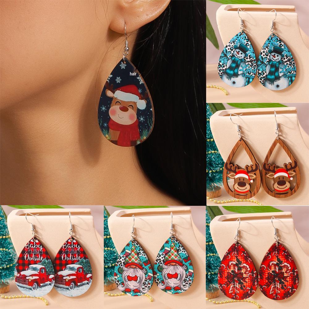 European-American Teardrop Christmas Earrings: Wooden Cartoon Snowman & Reindeer Design