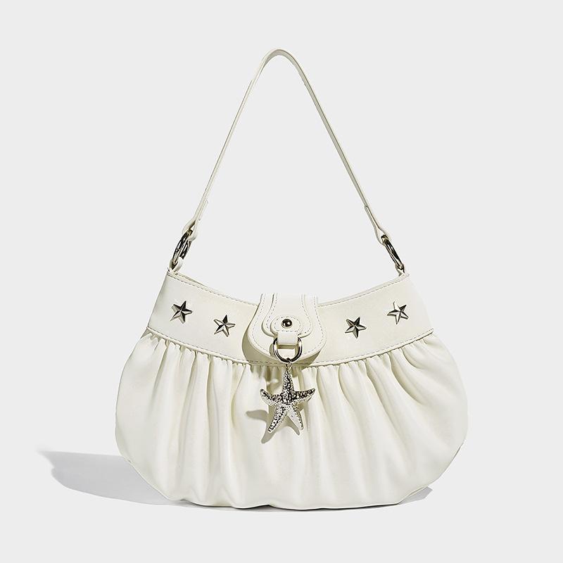 

Винтажная сумка подмышку для женщин 2025 Новая осенне-зимняя матовая коричневая сумка Высококлассная легкая роскошь Нишевая сумка на одно плечо через плечо жемчужина белый