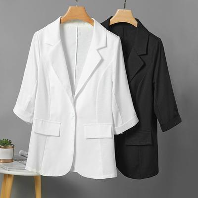 Women Summer Suit Coat Lapel 3/4 Sleeve Slim Fit Casual Jacket Single Button Flap Pockets Solid Color Sunscreen Coat