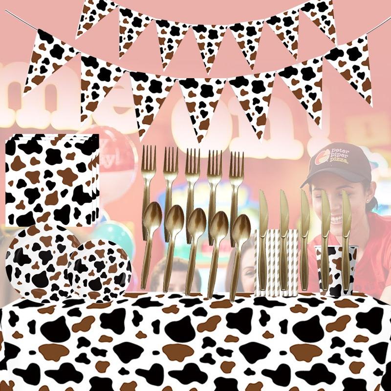 High-quality Party Tableware Set Black Brown Cow Print Paper Plates Cups And Utensils