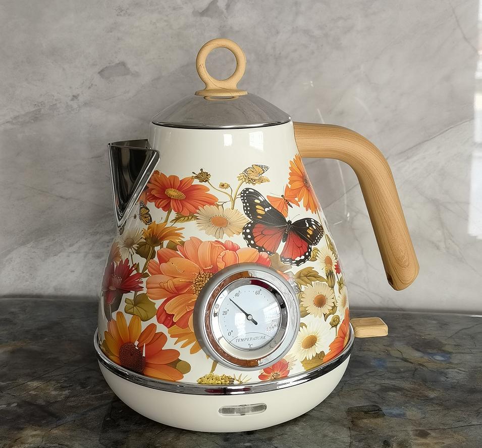 Bouilloire électrique peinte à fleurs avec thermomètre à cadran vintage, élément chauffant 1850W SUS304, LED 1,7L, arrêt automatique et protection contre l'ébullition à sec