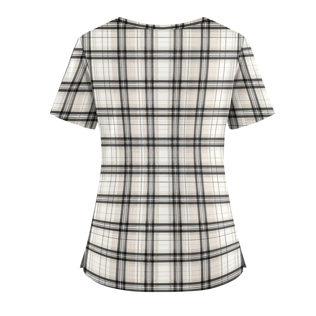 Women's Plaid Print V-Neck and Caregiver Top with Double Pockets and Split Hem Short Sleeves