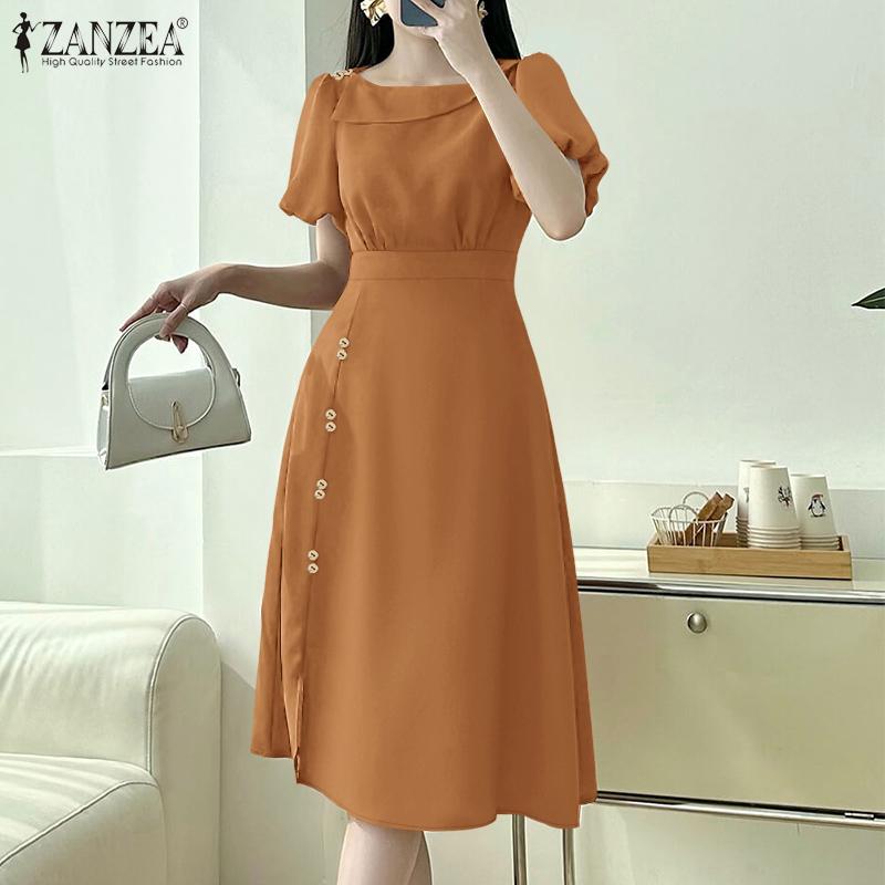 

ZANZEA Womens Casual Slash Neck Summer Short Sleeve Plain Dress S коричневый