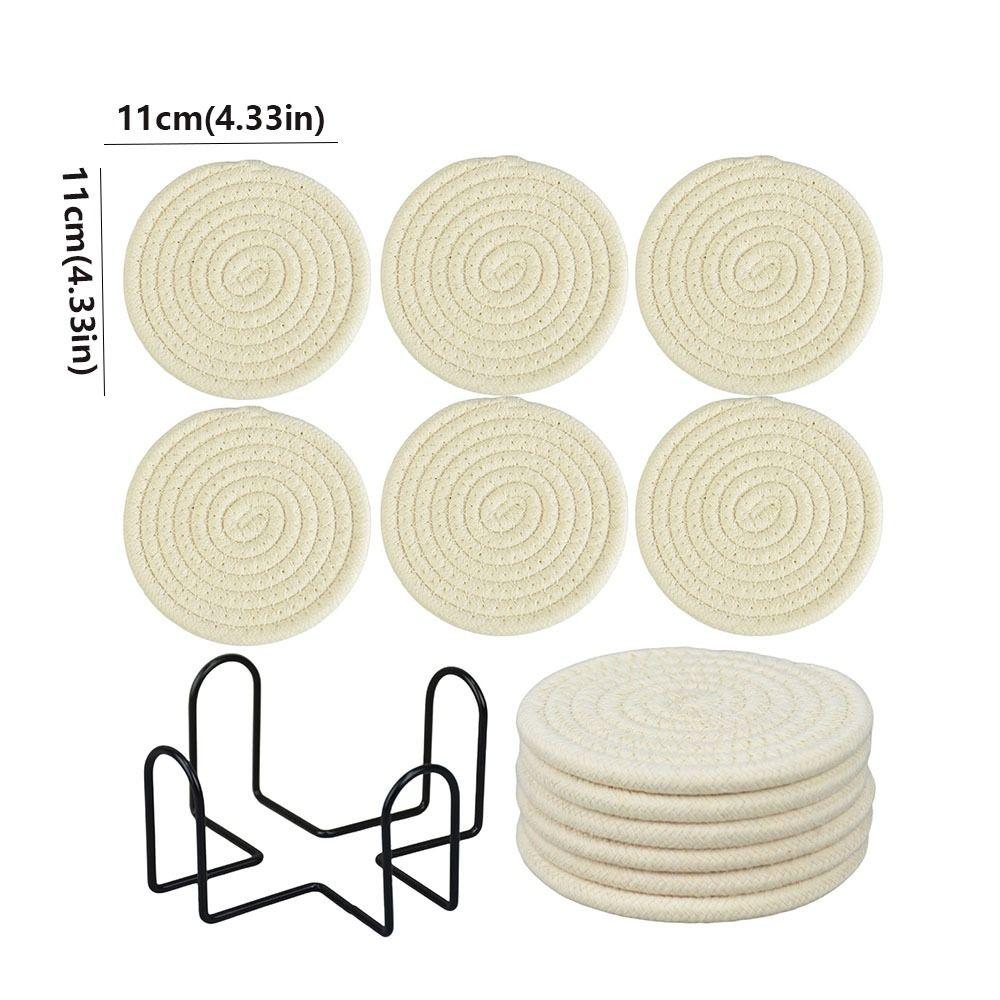 6Pcs Heat-resistant Woven Round  Coaster Set with Holder Tableware Mat Cup Coaster  Household
