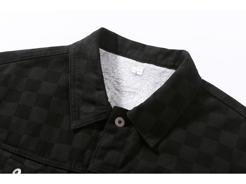 Men's Loose Plaid Grid Plush Denim Jacket - Korean Style, Youthful, Long Sleeve for Autumn/Winter