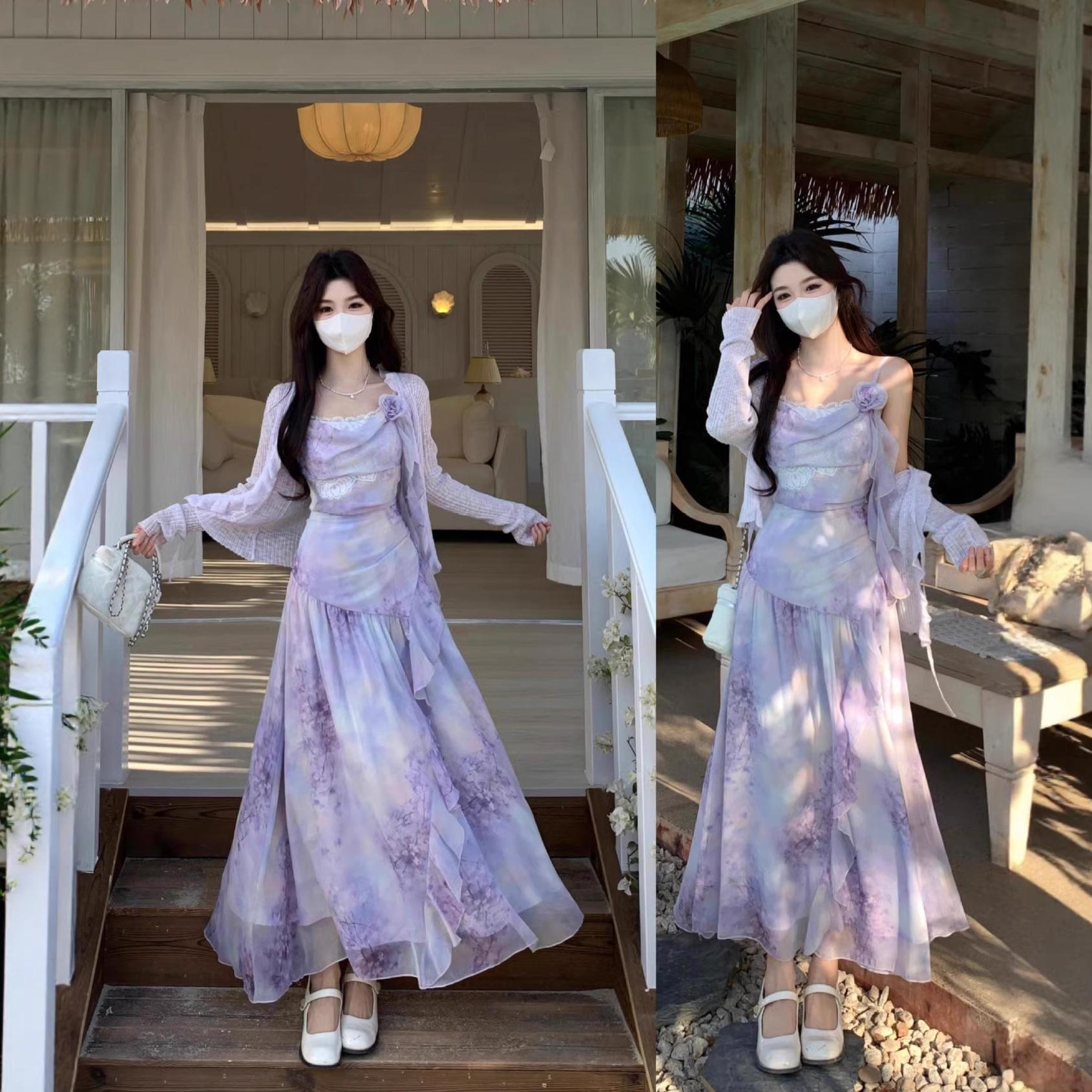 

2026 Early Spring Purple Gradient Waist-Cinched Ruffle Dress & Cardigan Set XXL