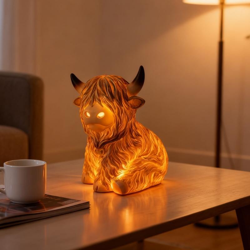High Land Cow Nightlight Resin Miniature Figurine Desk Ornament Battery Powered for Farmhouse Tiered Tray Decors Gift