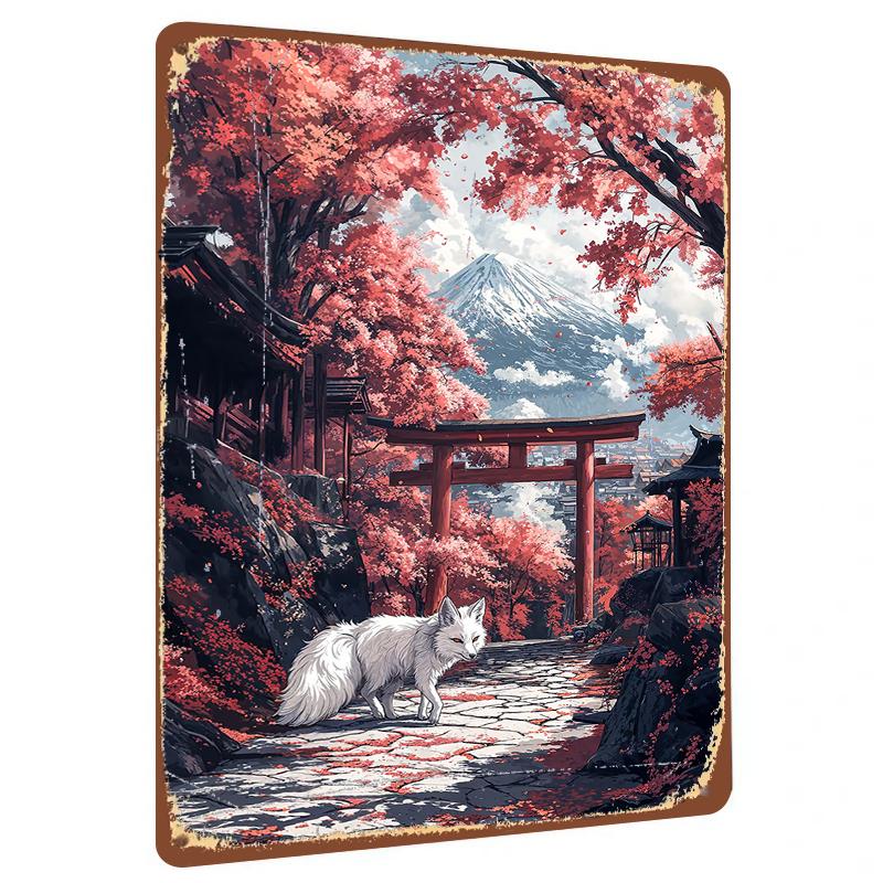 

Japanese Fuji Mountain Sakura Fox Shrine Torii Gate Landscape Metal Iron Painting Home Decor Wall Art 20x30cm（7.8x11.8inch）