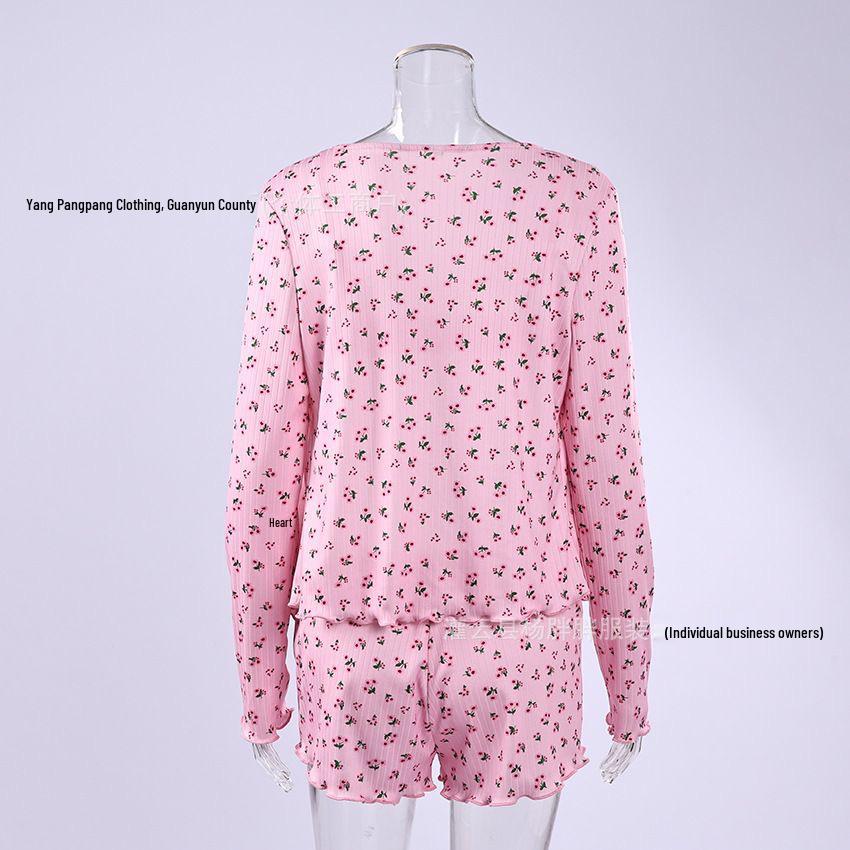 2026 Spring/Summer European & American Knitted Pajama Set: Printed Long Sleeve, Short Pants, Versatile 3-Piece for Outdoor Wear