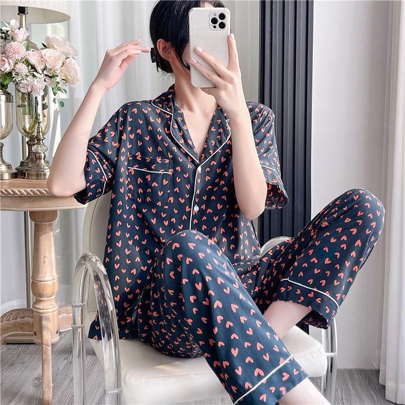 Korean version of sweet girl short-sleeved pajamas women's spring summer cotton and silk shirt collar can be worn outside loungewear princess