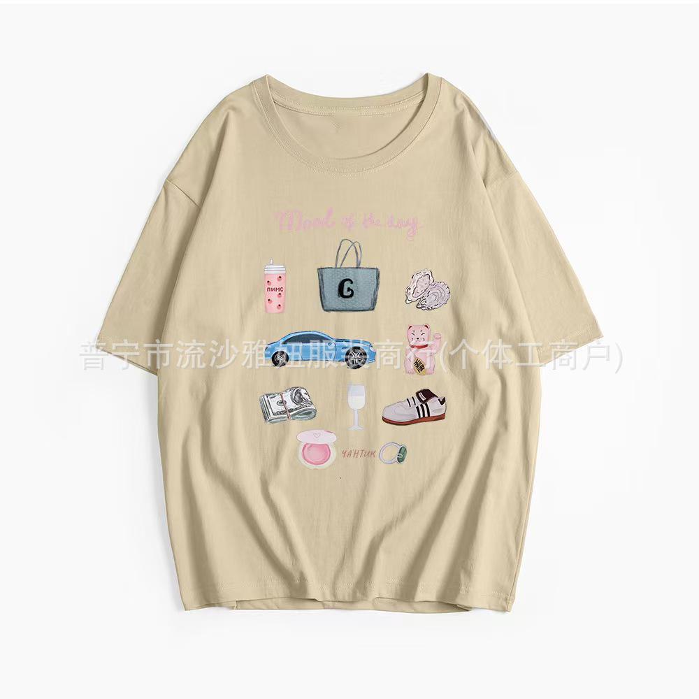 Summer 2025 Women s European and American Style Cartoon Print 100% Cotton Casual T-shirt S легкие хаки