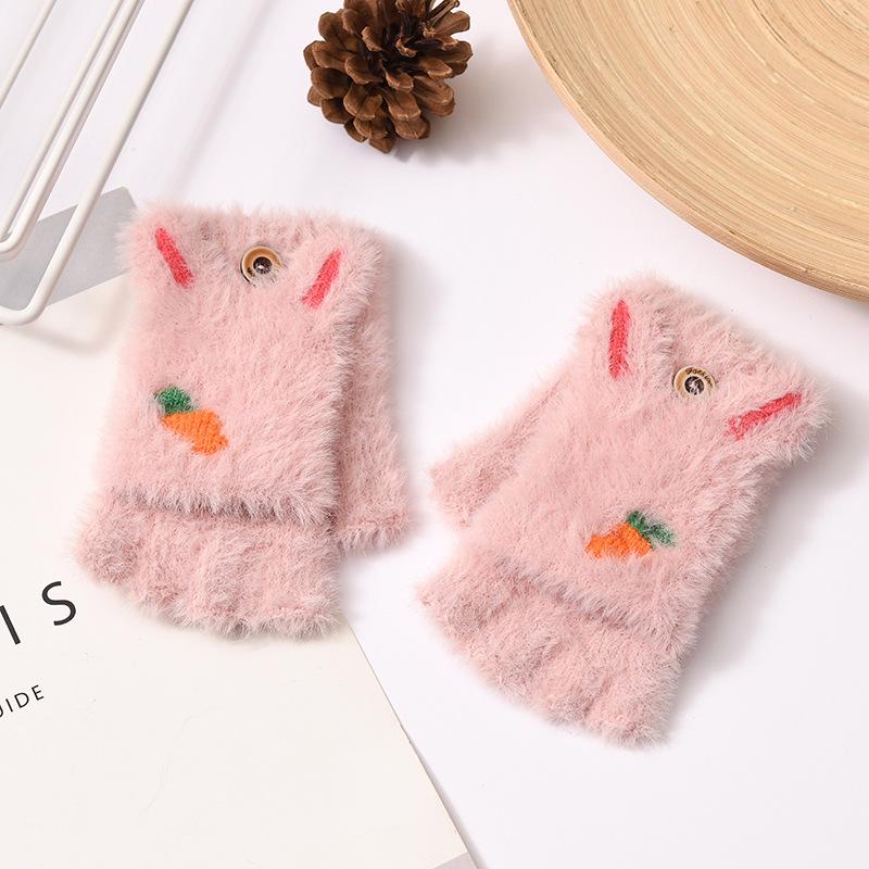Kids' Cartoon Knitted Flip-Top Fingerless Winter Gloves - Unisex, Warm, Velvet-Lined, Thickened