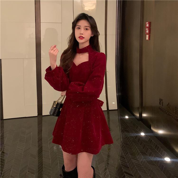 Christmas red fashion versatile neck velvet dress autumn and winter new temperament small design short skirt women