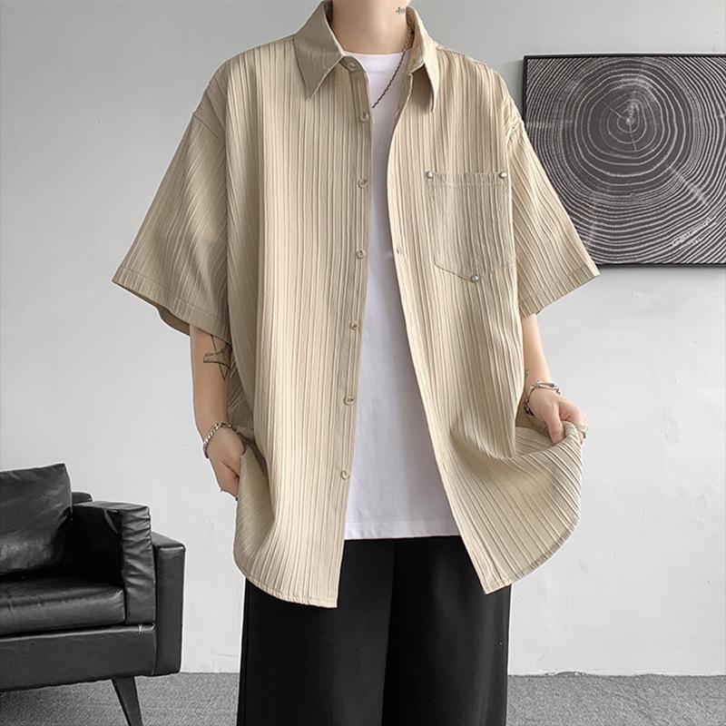 Men's Short-Sleeve White Ice Silk Shirt - Drapey, Niche Design Workwear Jacket with Five-Point Sleeves