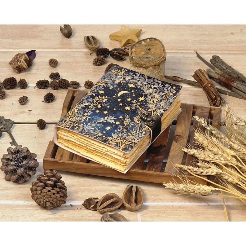 Grimoire Leather Journal • Moon And Tree Printed Blank Spell Book of Shadows Gifts For Women Vintage Journal.