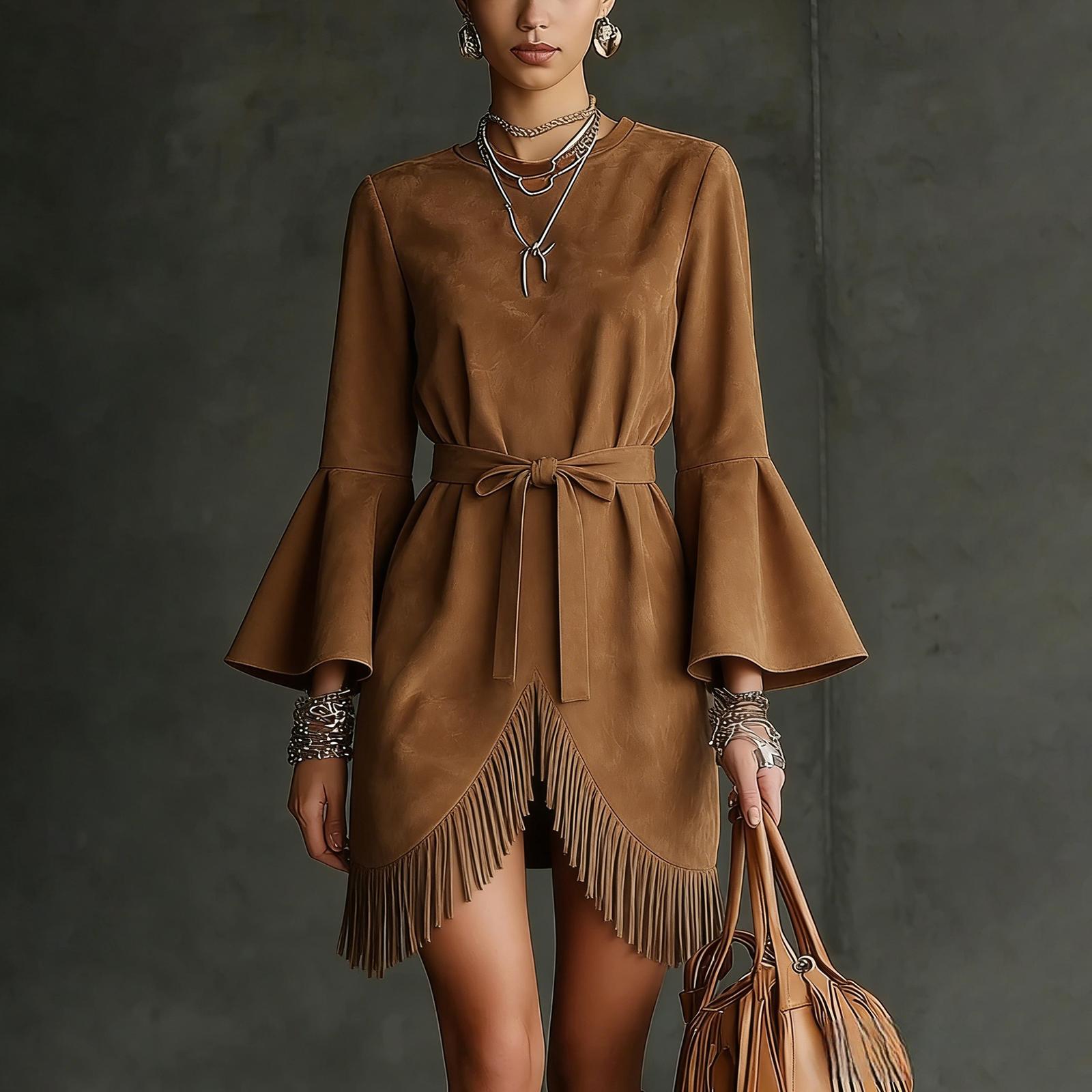 

Ladies Casual Tassel Flared Sleeve Long Sleeved Dress XL кавовий