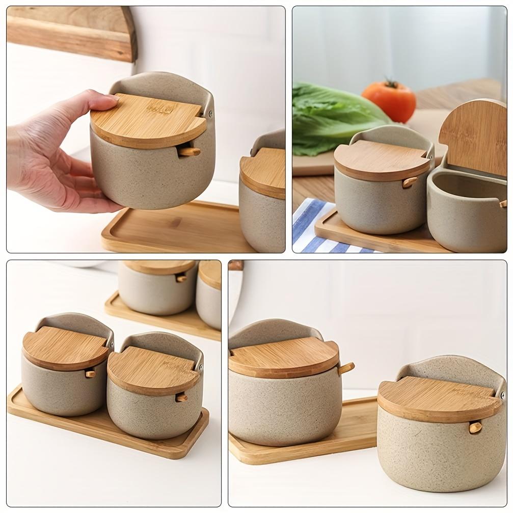 Japanese Style Ceramic Seasoning Jar Bamboo Lid Spice Jar With Spoon Kitchen Sugar Salt Spices Storage Box Household Container