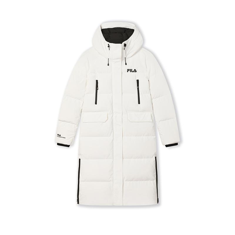 FILA Original Long Down Jacket Simple Fashion Warm Hooded Down Coat Women outerwear Cloud-Mushroom-White F11W449906FWT