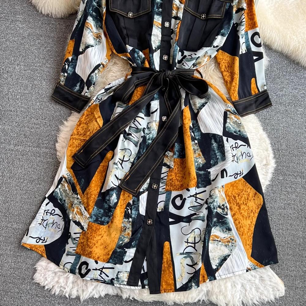 Sukienka koszulowa Vintage Autumn Lapel Collar Wysokiej jakości damska jednorzędowa czerwona kwiatowa z nadrukiem Patchwork sznurowany pasek luźne ubrania