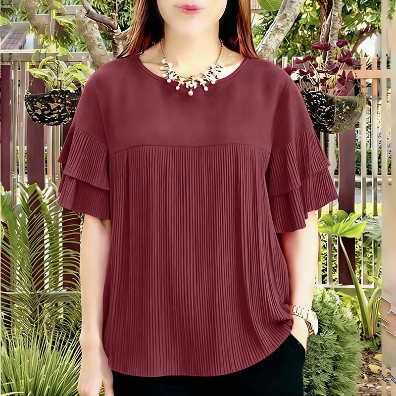 ZANZEA Women Casual Round Neck Solid Color Ruffles Sleeve Loose Blouse S вино красного