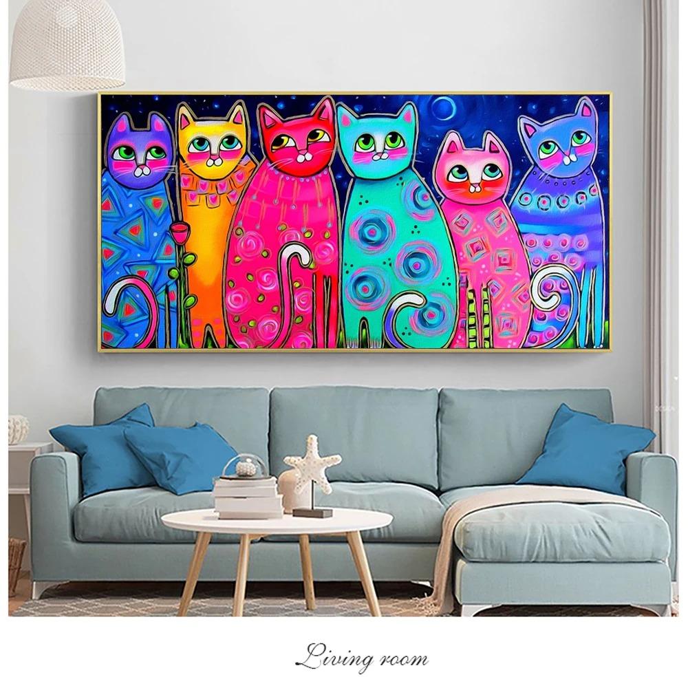 Modern Cats Wall Art Canvas Prints Colouful Animals Canvas Paintings On The Wall Graffiti Pop Art Canvas Pictures For Kids Room