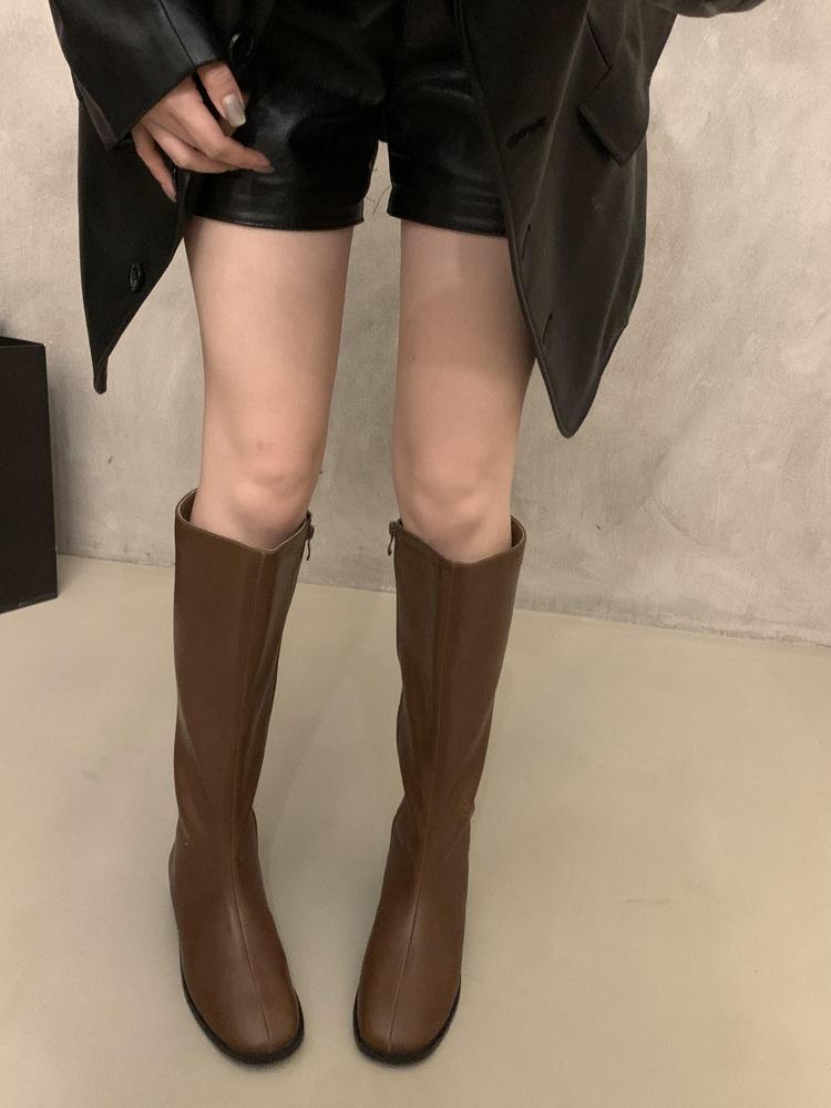 Soft Leather British Style 2025 Knight Boots Square Head Thick Low Heel Autumn and Winter Thin Boots But Knee Versatile Fashion Single Boots