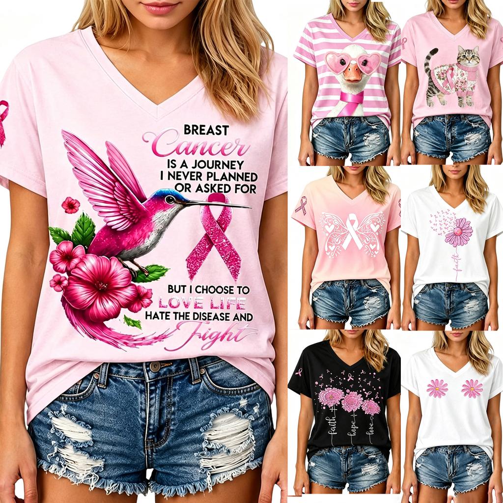Women's Fashion Casual Short Sleeve V-Neck Top with Breast Awareness Print