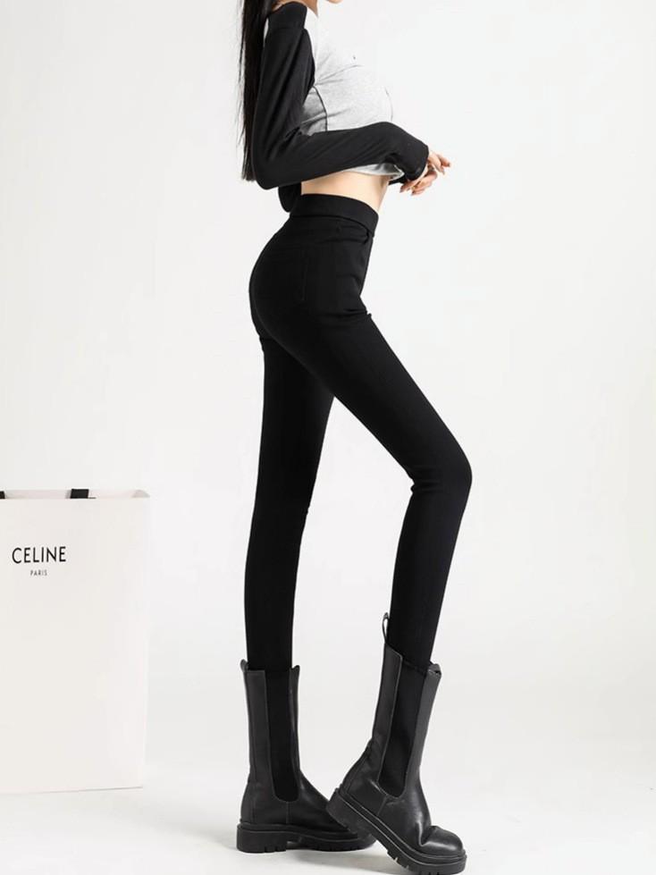Black High-Waisted Fleece-Lined Skinny Leggings for Women - Warm, Elastic, Ideal for Autumn/Winter Wear, Tight-Fitting Pencil Pants