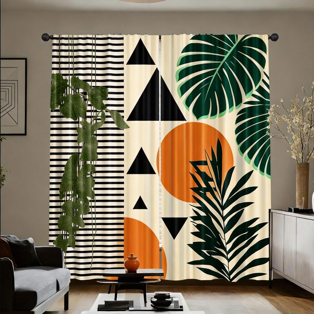 Abstract Geometric Curta 2pcs – Black, Orange & Cream with Palm Leaves, Modern Art Design for Living Room and Study Decor
