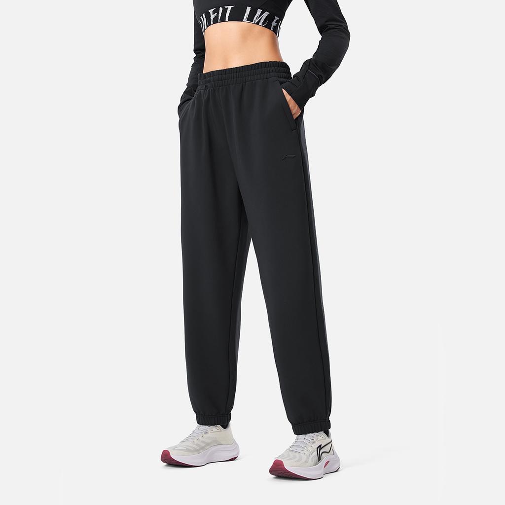 Li-Ning Loose Mid Waist Warm Fleece Lined Drawstring Knitted Sports Pants Women bottoms Black AYKU542-1