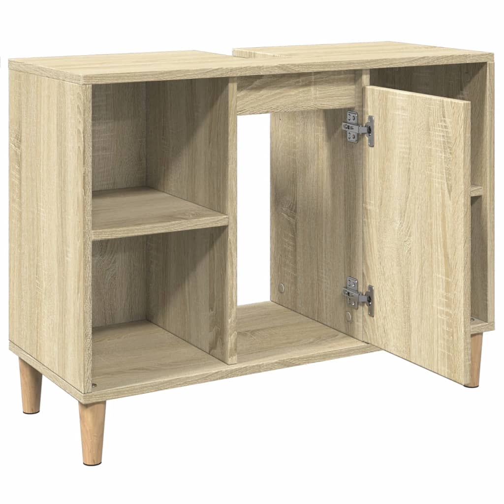 Modern bathroom cabinet with a storage unit under the washbasin, open storage on both sides, and a door storage in the middle, 80x33x60 cm