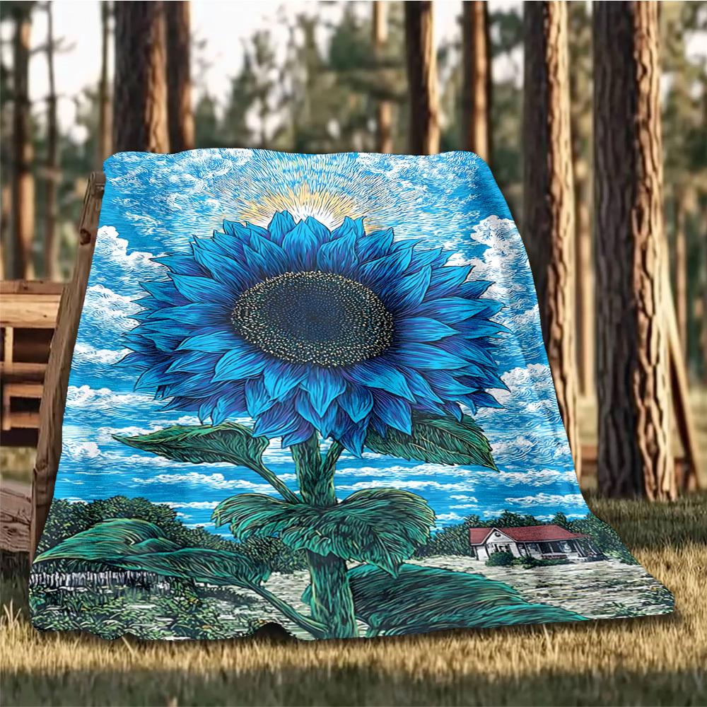 1pc Blue Sunflower Print Throw Blanket Polyester Fiber, Lightweight Flannel, Soft & Warm, All Season Use for Outdoor, Camping Digital Print