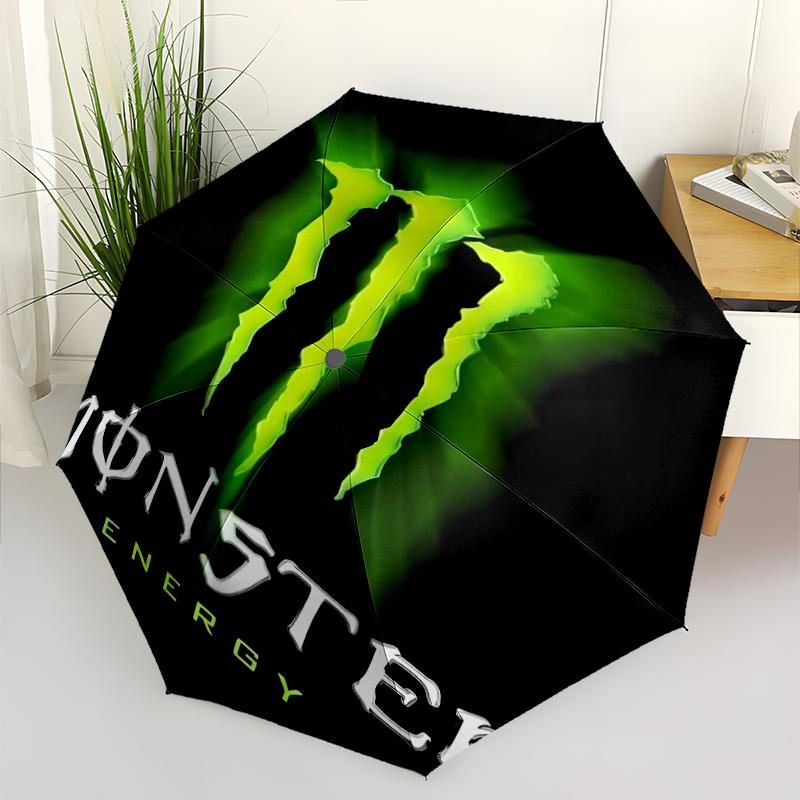 Monster Energy LOGO Print Automatic Umbrella, 8 Rib Iron Frame, Plastic Handle, Suitable for Outdoor Travel &Daily , Ideal Gift