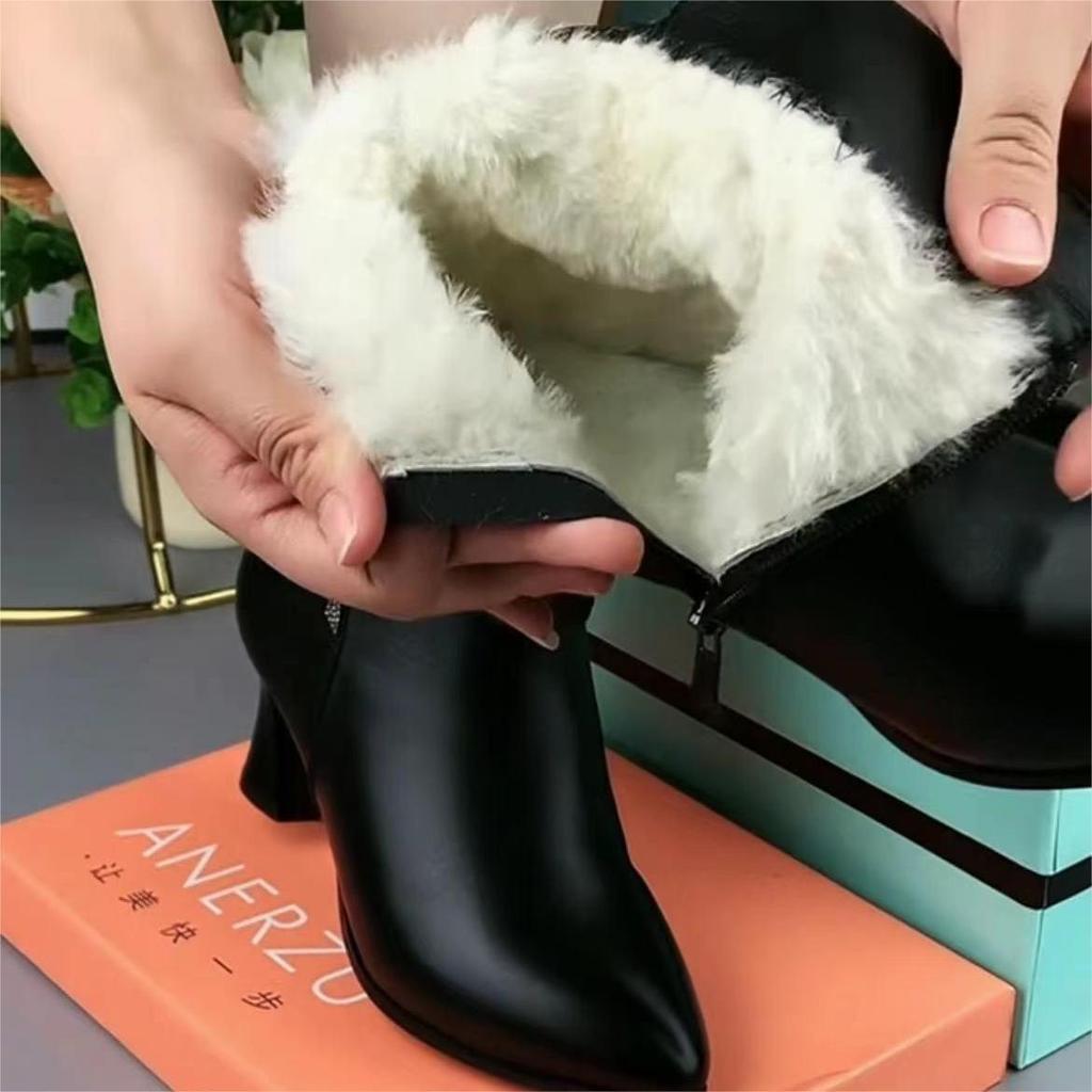 Damskor 2025 Äkta Läder Vinterstövlar med Spetsig Tå och Varm Lammullsfoder