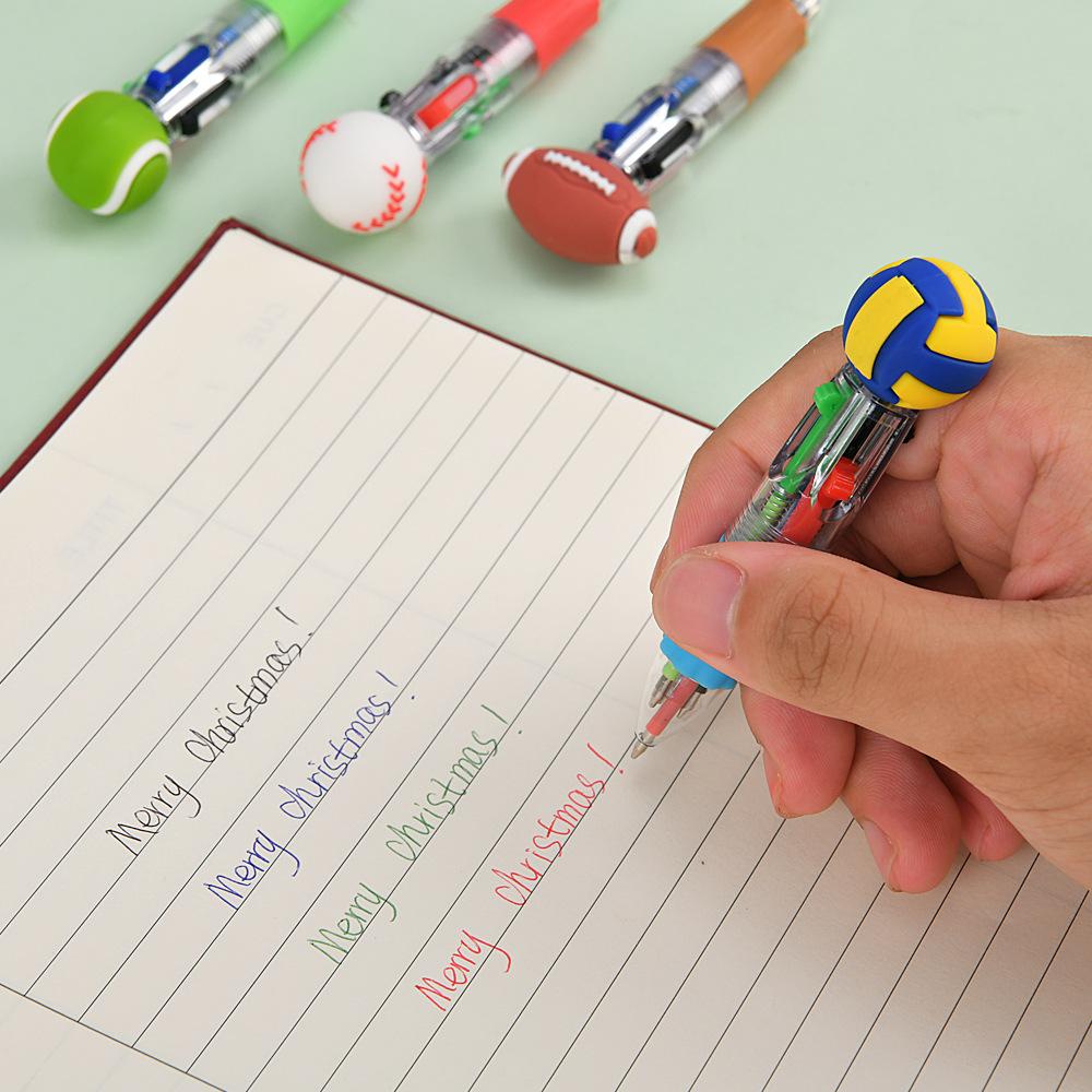 2pcs Cute Football Basketball Rugby Shaped Four-Color Ballpoint Pen, Cartoon Multicolor Mini Journal Short Pen