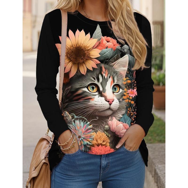 

Женские футболки с принтом Cat 3D, желтые, красные, синие, с длинным рукавом, повседневные, выходные, модные, забавные, с круглым вырезом, стандартный крой, весна и осень S