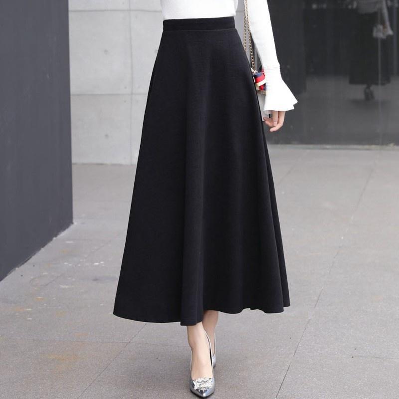 Fusta Tooxika de lână pe jumătate, Fusta lungă cu talie înaltă și tiv mare, Fustă îngroșată în linie A, Fusta umbrelă